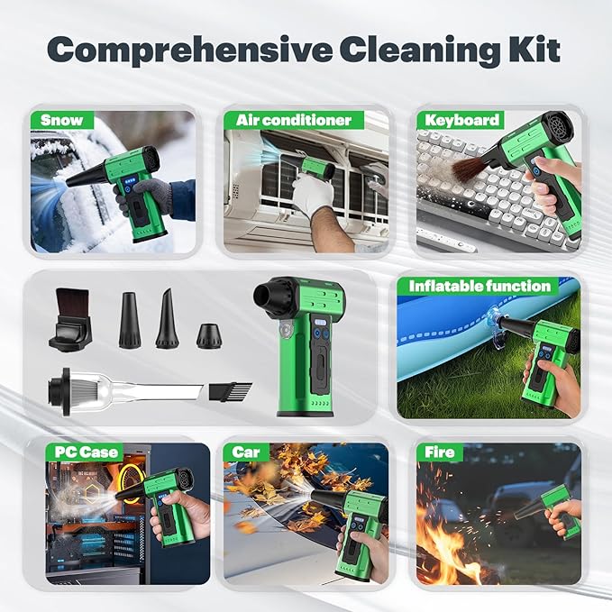 SCHNEIDER Compressed Air Duster and Vacuum Cleaner with 2-in-1 Blow & Suction Function, 130000RPM Electric Air Dust with Multi-Speed Adjustable/LED Light for PC Keyboard Cleaning, Car, Home
