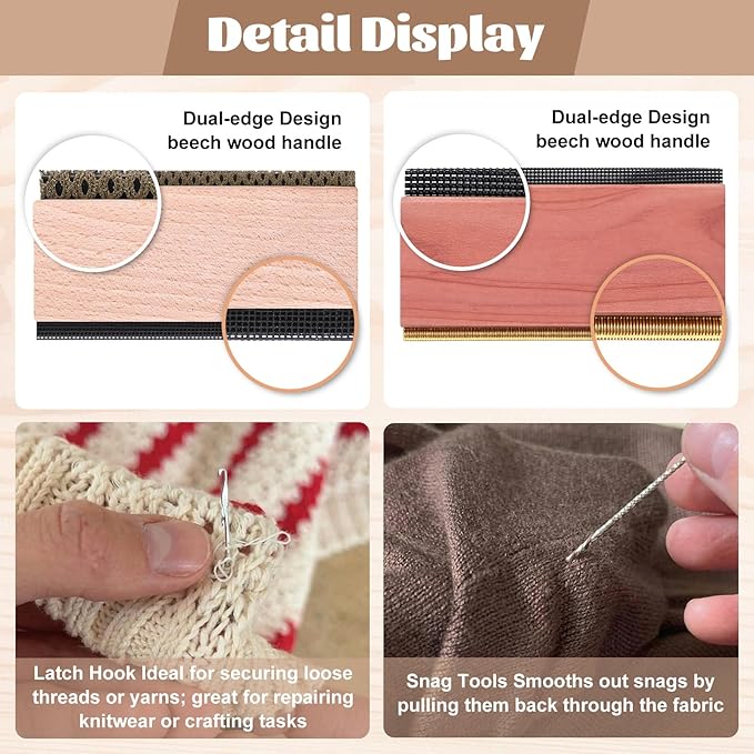 Cashmere Comb Double Sided Sweater Shaver Snag Repair Tool Kit with Snag Repair Needles Latch Hook Multifunction Fabric Clothes Shaver Travel Pilling Remover (Cedar and Beech)