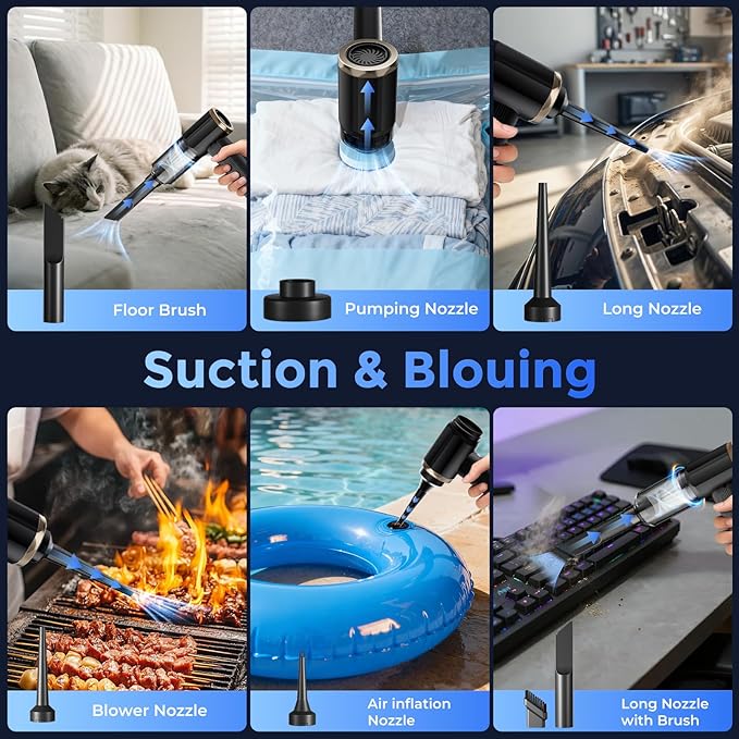 Handheld Cordless Vacuum Cleaner, Black, 24000Pa Suction, 3 Cleaning Modes, 7800mAh Battery, Vacuum/Blower/inflator Design, brushless Motor, USB-C Rechargeable