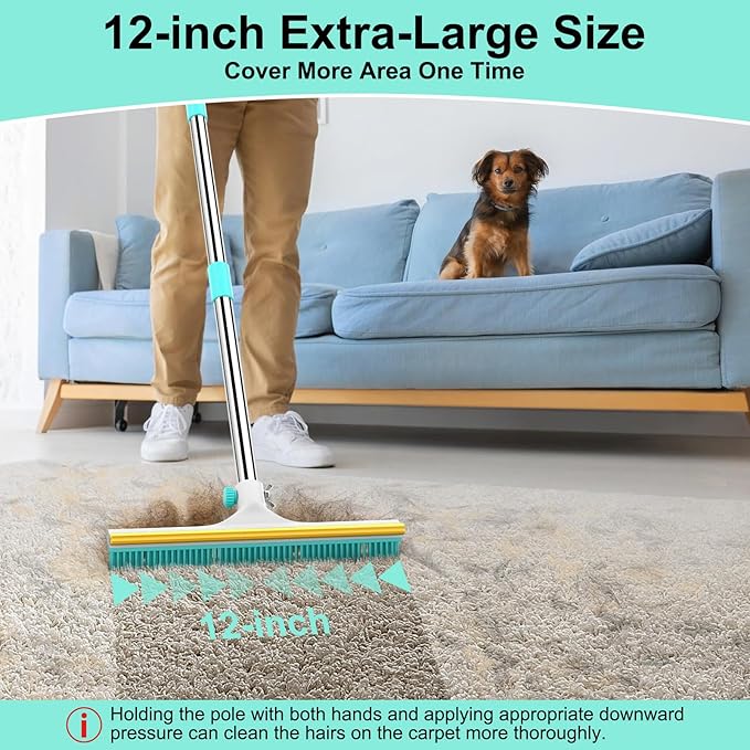 Carpet Rake for Pet Hair Removal - 60" Adjustable Long Handle Carpet Rake, 3 in 1 Reusable Pet Hair Removal Tool Kit, Cat Dog Fur Rakes Scraper Carpet Broom (White)