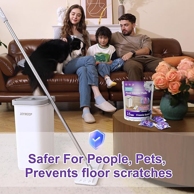 JOYMOOP Flat Mop System, Mop and Bucket Set, White, Commercial & Household Floor Cleaning Mop with Freesia Scent Cleaning Pods, Includes 3 Reusable Microfiber Pads and 15 Detergent Pods