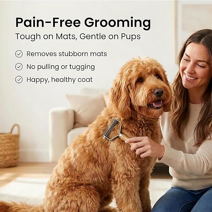 Pet Dematting Comb for Dogs and Cats with Wood Handle, Deshedding Undercoat Rake with Stainless Steel Blades, Pet Comb for Detangling Thinning and Shedding, All Hair Types [We Love Doodles]