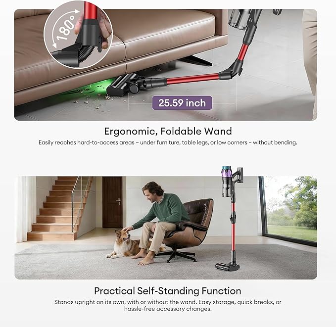 Ultenic Cordless Vacuum Cleaner, 55KPA/650W/80Mins, Cordless Stick Vacuum with 180°Bendable Wand, Touch Screen, Anti-Tangle Brush, Self-Standing, Vacuum Cleaners for Home/Floor/Pet Hair/Carpets
