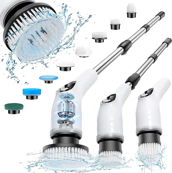Electric Spin Scrubber, Cordless Cleaning Brush with 8 Replaceable Heads, Five-Speed Power Scrubber with Adjustable Handle for Bathroom, Tub, Floor, Tile & Car – Clean Without Bending