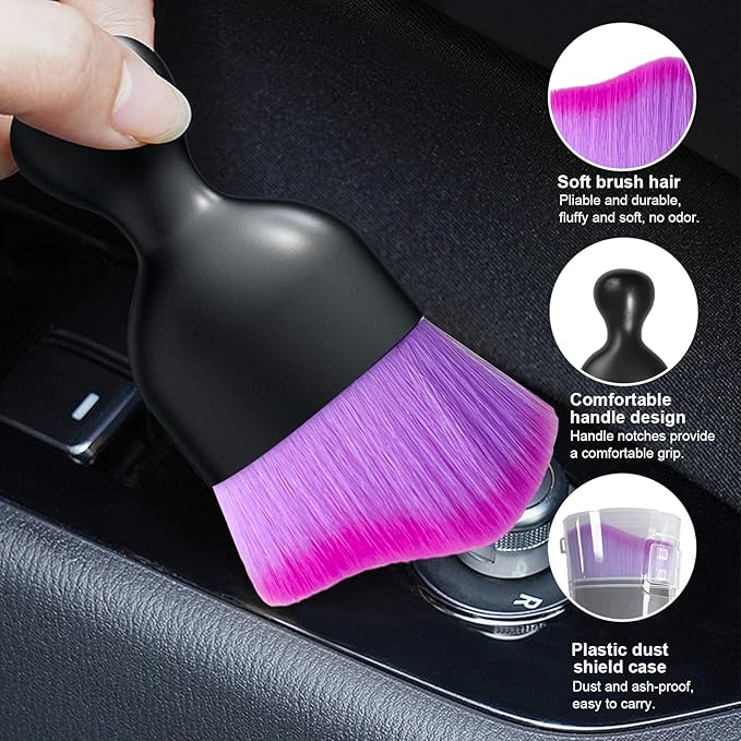 Ziciner Car Detailing Brush, Curved Soft Bristles Auto Removal Dust Collectors, Universal Vehicle Dashboard, Air Conditioner Vents etc Interior Cleaning Tool Accessories (Double Purple)
