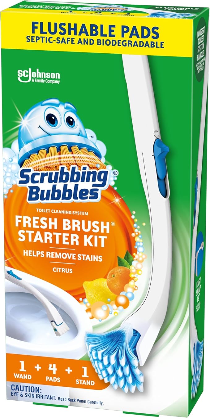 Scrubbing Bubbles Toilet Bowl Brush and Holder with Cleaner Refill Pads, Fresh Brush Toilet Wand Starter Kit, Cleans Limescale & Fights Odors, Citrus Scent, 1 Wand + 4 Refills + 1 Stand (Pack of 4)