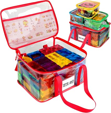 Tesuko 4 Pack Magnetic Tiles Storage Bag with Manual Pocket& Name Tag, Whole Clear PVC Magnetictiles Organizer Case for 
