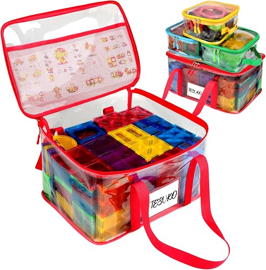 Tesuko 4 Pack Magnetic Tiles Storage Bag with Manual Pocket& Name Tag, Whole Clear PVC Magnetictiles Organizer Case for 