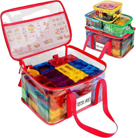 Tesuko 4 Pack Magnetic Tiles Storage Bag with Manual Pocket& Name Tag, Whole Clear PVC Magnetictiles Organizer Case for 