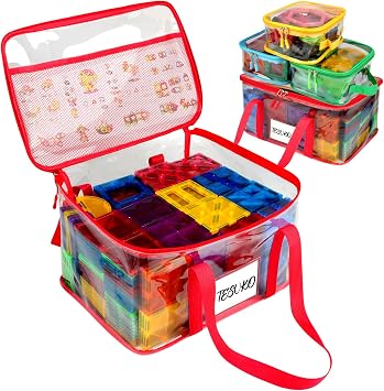 Tesuko 4 Pack Magnetic Tiles Storage Bag with Manual Pocket& Name Tag, Whole Clear PVC Magnetictiles Organizer Case for 