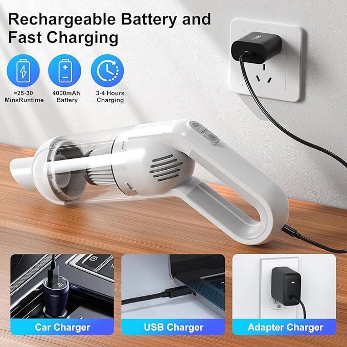 2-in-1 Cordless Handheld Vacuum Cleaner,10000PA Powerful Suction Portable Lightweight Hand Held Vacuum with LED Light,Multiple Accessories,USB Rechargeable,for Car, Office & Home Cleaning