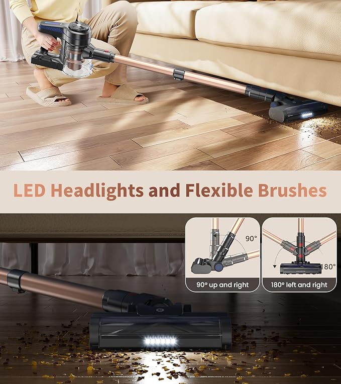 NADALY Cordless Vacuum Cleaner, 500W 40KPA Stick Vacuum with 45min Runtime, Anti-Tangle Vacuum Cleaners for Home, 1.5L Dust Cup, Rechargeable Wireless Vacuum for Hardwood Floor Carpet Pet Hair