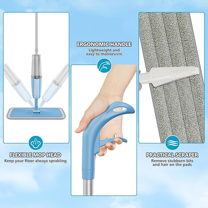 Spray Wet Mops for Hardwood Floor Cleaning: MEXERRIS Floor Mop with 3 Washable Pads for Swiffer Powermop - Refillable Dust Dry Mop Home Commercial Mops for Wood Laminate Ceramic Tiles Vinyl