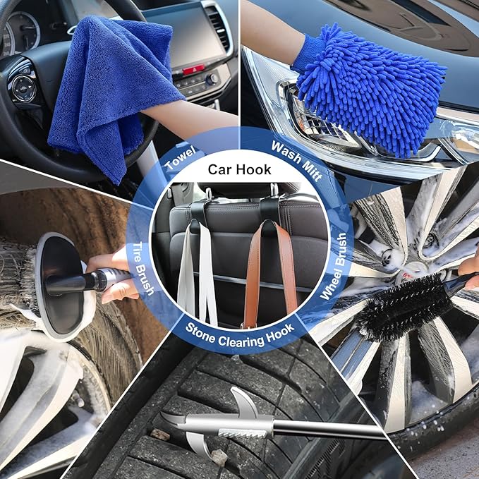 42Pcs Car Wash Detailing Kit Cleaning Set with Foam Gun Sprayer, Long-Handle Brush, Collapsible Bucket, Large Wash Mitt, Towels, Complete Interior & Exterior Car Washing Supply Set (Blue)