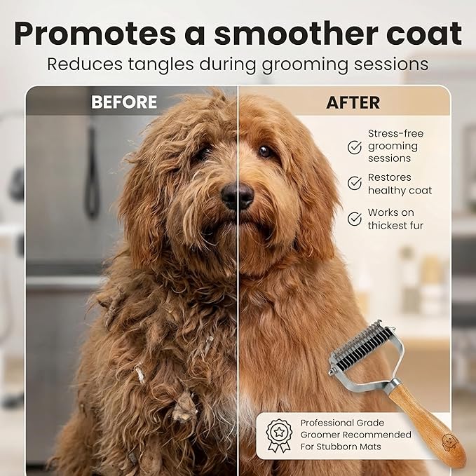 Pet Dematting Comb for Dogs and Cats with Wood Handle, Deshedding Undercoat Rake with Stainless Steel Blades, Pet Comb for Detangling Thinning and Shedding, All Hair Types [We Love Doodles]