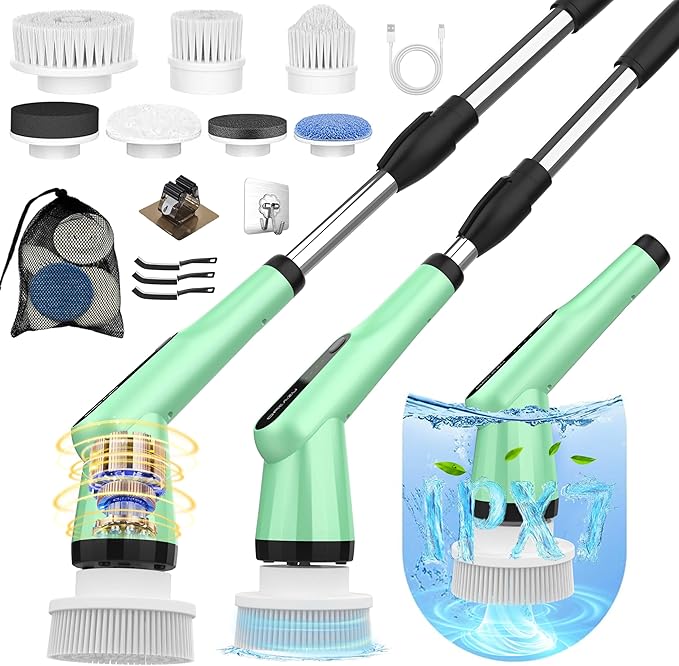 G2-Electric Spin Scrubber - IPX7 Waterproof 12-in-1 Shower Cleaner Brush, Retractable Handle & 2-Speed for Bathroom, Bathtub, Kitchen, Tile Floors