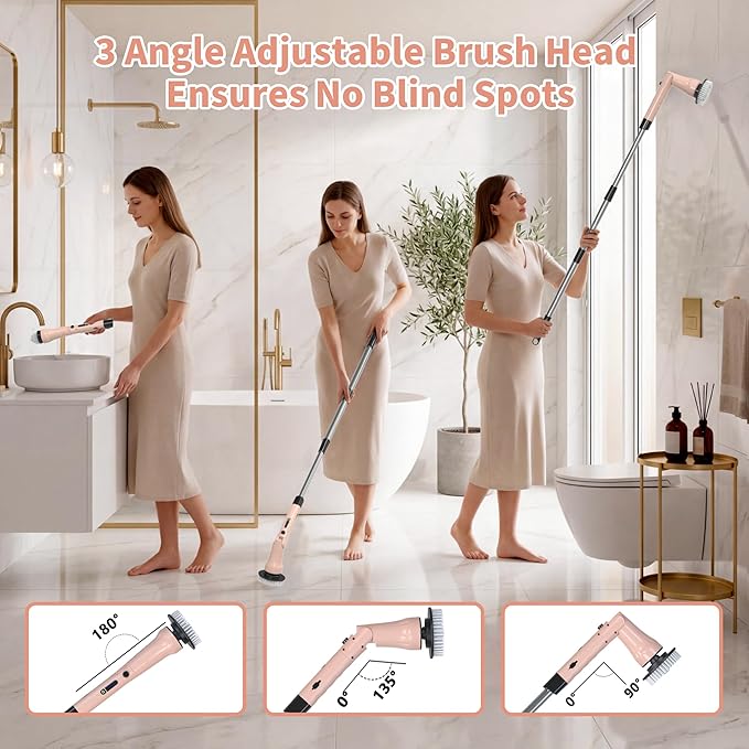 Electric Spin Scrubber, Hillyfe Bathroom Scrubber Electric with 7 Replaceable Brush Heads, IPX7 Waterproof,300/400 RPM, 3 Adjustable Length,Scrubber Brush Electric for Bathtub Floor,Pink
