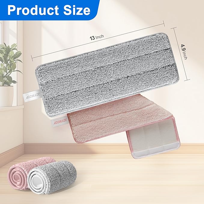 JOYMOOP Microfiber Replacement Pads for 13-Inch Flat Mop System, Reusable Refills, Pack of 2, Grey and Pink