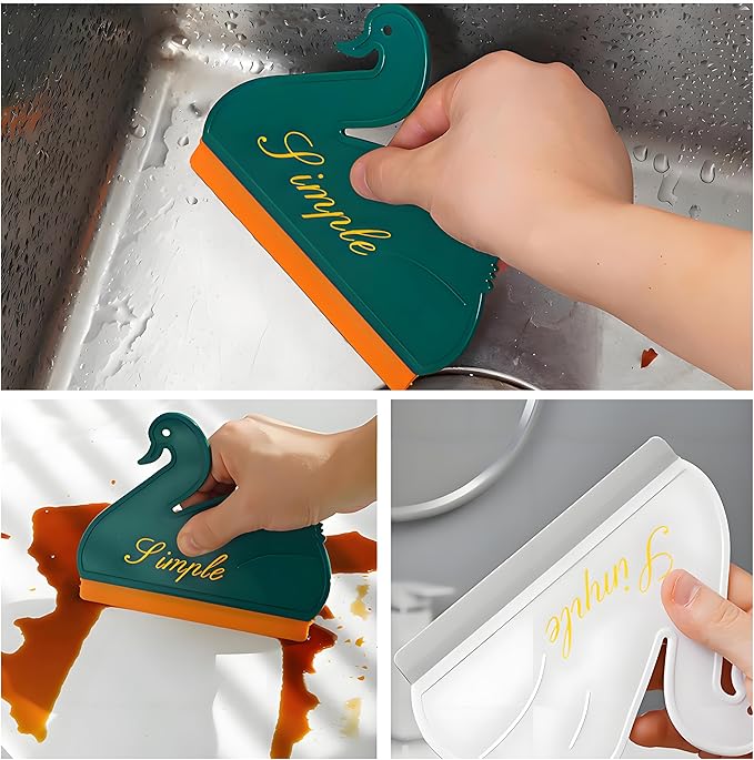 Squeegee Bathroom Glass Door Cleaning Scraper with Hanging Hook, Silicone Mini Kitchen Countertop Squeegee, Water Wiper Scraper for Sink Tiles Cleaning Tools (Swan 2PCS)