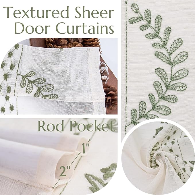 jinchan Belrose Sheer French Door Curtain Embroidered Decor Farmhouse Linen Curtain for Patio Light Filtering Door Window Closet 40 Inches 1 Panel Green on Beige