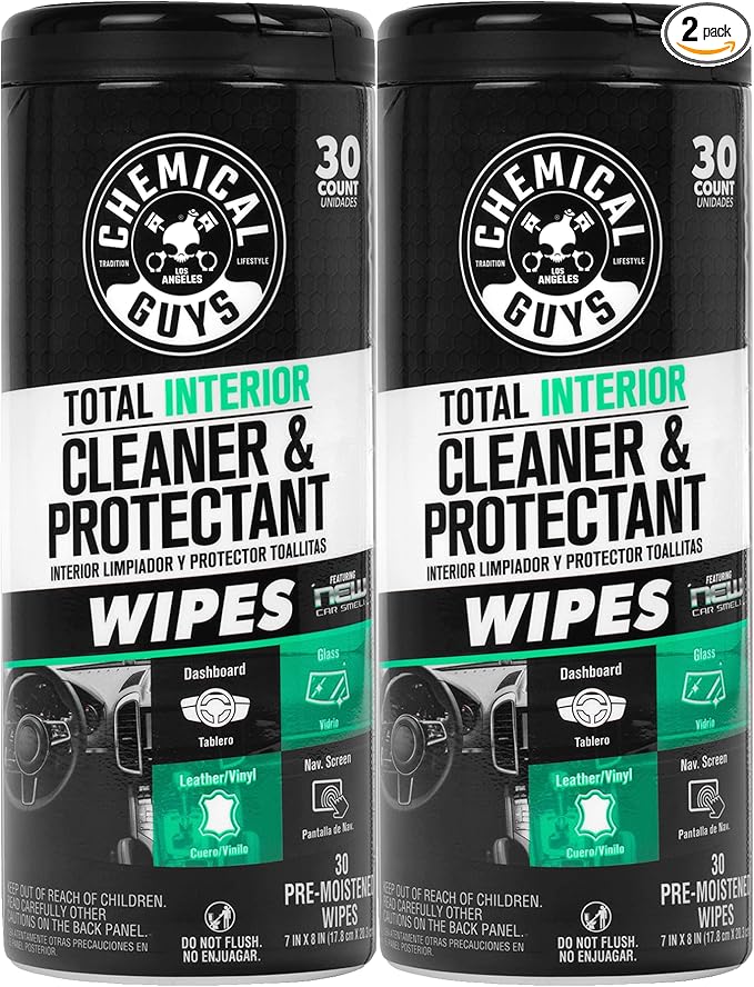 Chemical Guys Total Interior Cleaner and Protectant Wipes Canister, New Car Smell - All Surface Interior Cleaning Wipes for Dash Seats Door Panels Leather Vinyl & Fabric - Fresh New Car Scent, 2 Pack