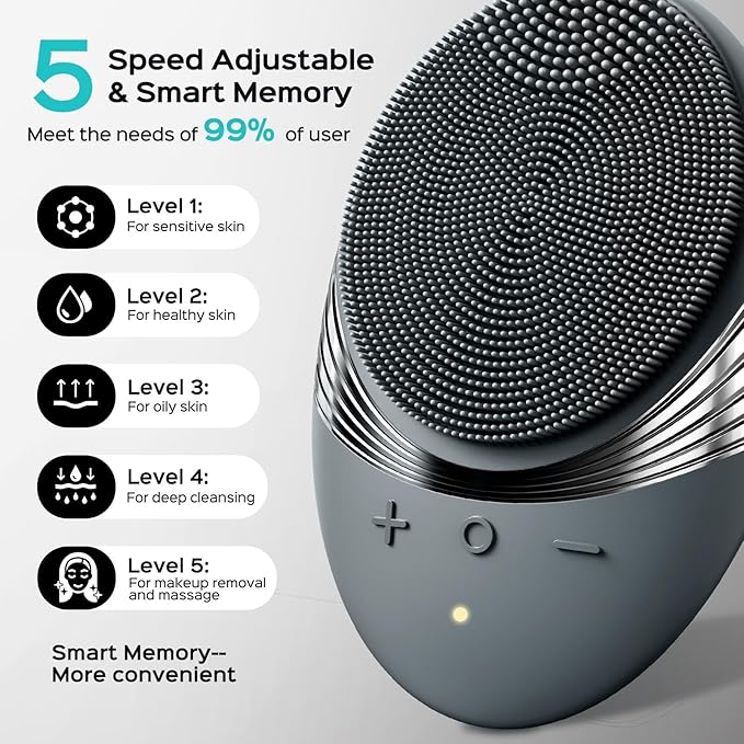 COSLUS FBS01 Facial Cleansing Brush Face Scrubber: Portable Silicone Waterproof Rechargeable Face Wash Brush, 5 Cleansing Modes, Electric Deep Cleaning for Men & Women, Removing Blackhead Exfoliating