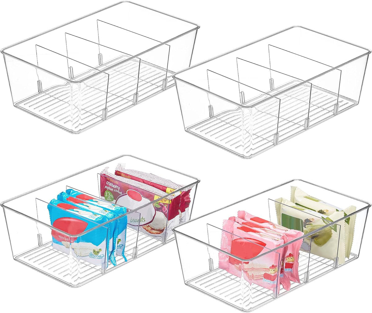 4 Pack Food Storage Organizer Bins, Clear Plastic, 4 Compartments