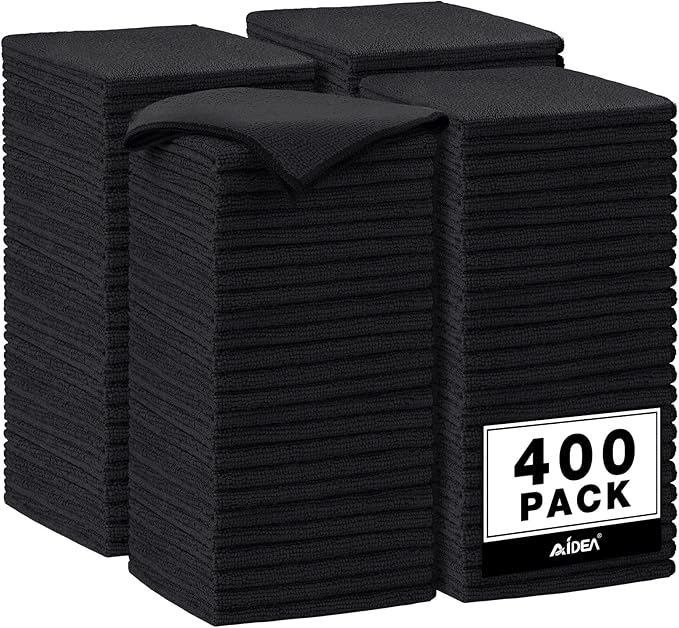 AIDEA Microfiber Cleaning Cloth Black, 400PK, Microfiber Towels for Cars, Shop Towels Cleaning Rags, Premium Wash Cloths, Absorbent Towel for SUVs, House, Kitchen, Commercial, Cleaning Supplies 12×12"