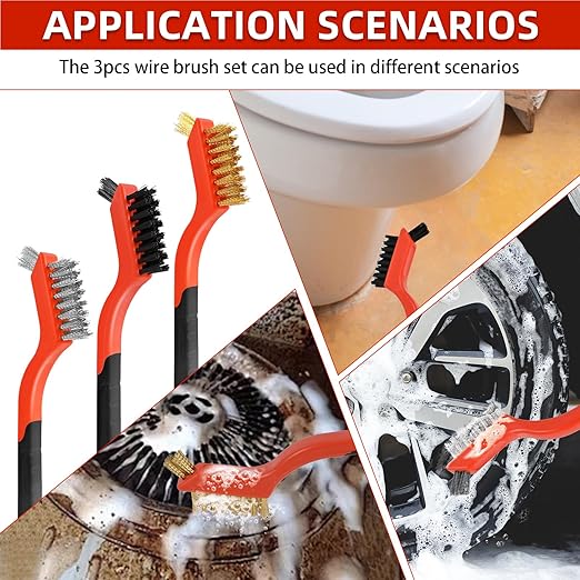 6pcs Wire Brushes for Cleaning Rust, Upgrade Wire Brush Set - Brass/Stainless Steel/Nylon Bristles, Small Metal Wire Brush with Curved Handle Grip, Wire Brushes for Paint and Stain, 7 Inches