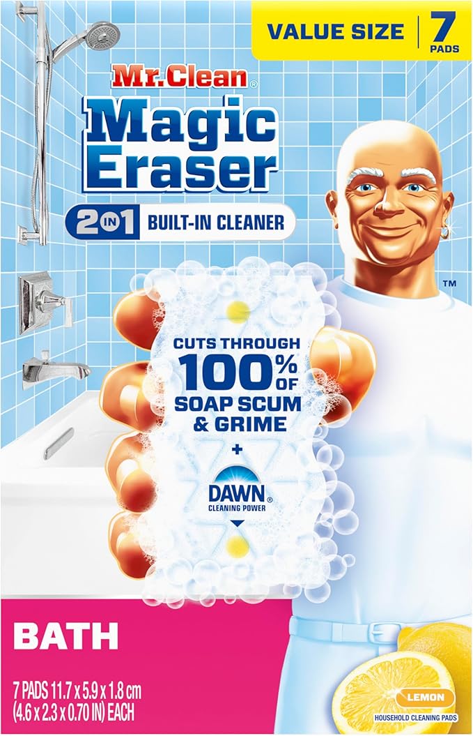 Mr. Clean Magic Eraser Sponge, Bathroom Cleaner, Shower Cleaner, Tub Cleaner, Soap Scum Remover, Bathroom Cleaning Supplies, Dawn Cleaning Power with Lemon Scent, 2 in 1 Bath, 7ct