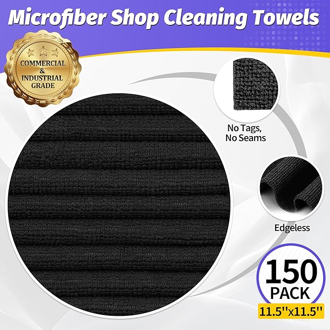 Microfiber Cleaning Cloth, 150 Pack Black Cleaning Rags Microfiber Towel Bulk Absorbent Lint-Free Wash Cloths, All-Purpose Towels for Cars, Shop, Automotive, Garage, Home & Kitchen
