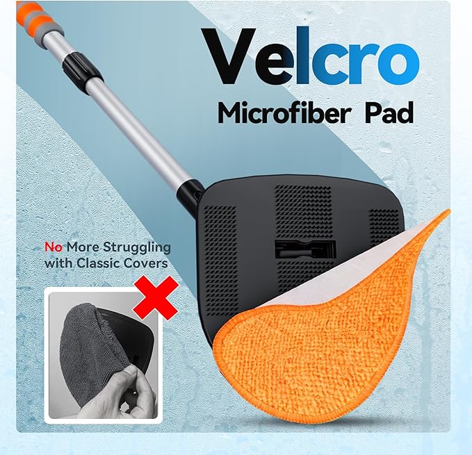 XINDELL Windshield Cleaner Tool, Car Window Cleaning Kit with 4 Reusable Microfiber Pads, Extendable Handle & 360° Rotating Head, Safety Hammer, Streak-Free Auto Glass Wiper for Car Truck SUV RV