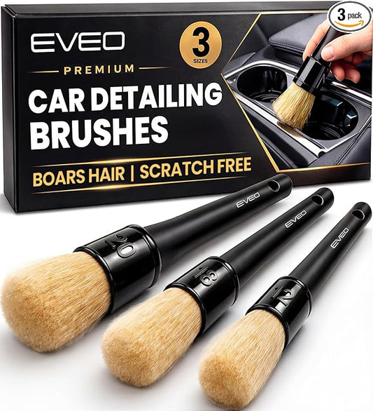 EVEO Car Detailing Brush Set - (3 Pack) Car Detailing Kit Interior, Car Interior Detailing Kit Car Detailing Brushes - Car Cleaning Brush, Car Detailing Brushes, Car Detailing Tools | Soft Boars Hair