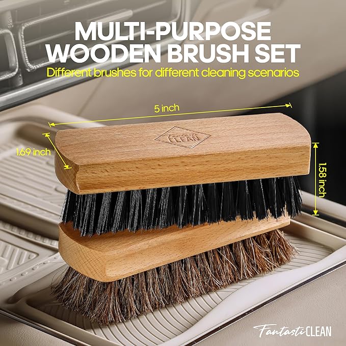 Fantasticlean 9PC Car Detailing Kit，Boars Hair Brush，Horse Hair Bristle，Suede-Coral Cloth，Car Dust Brush，Microfiber Towel & Applicator，Scratch-Free & Ultra-Soft for Leather, Seats & Interior Cleaning