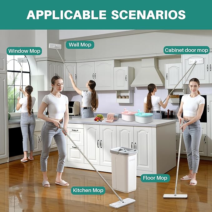JOYMOOP Bathroom Cleaning Set, Mop and Bucket System with Toilet Brush Set, White, Microfiber Flat Mop for Household & Commercial Floor and Bathroom Cleaning
