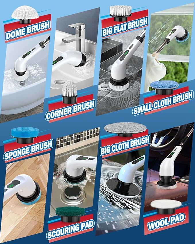 Electric Spin Scrubber, IPX7 Waterproof Cordless Cleaning Brush with 8 Replaceable Heads, Dual Speed & USB-C Charging, Retractable Handle Power Scrubber for Bathtub, Tile, Bathroom