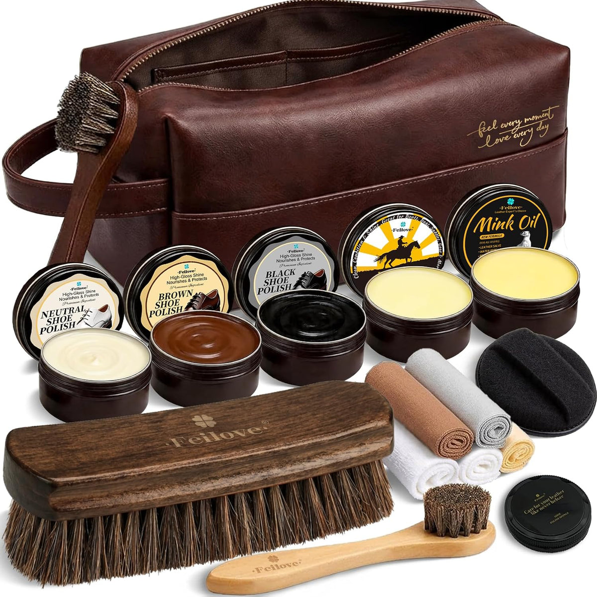 Shoe Care Kit – 16-in-1 Leather Shoe Polish, Cleaning & Conditioning Kit with Saddle Soap & Mink Oil – Black/Brown/Neutral Shoe Polish, 3 Horsehair Brushes – Premium Storage Bag – Gift for Men & Women
