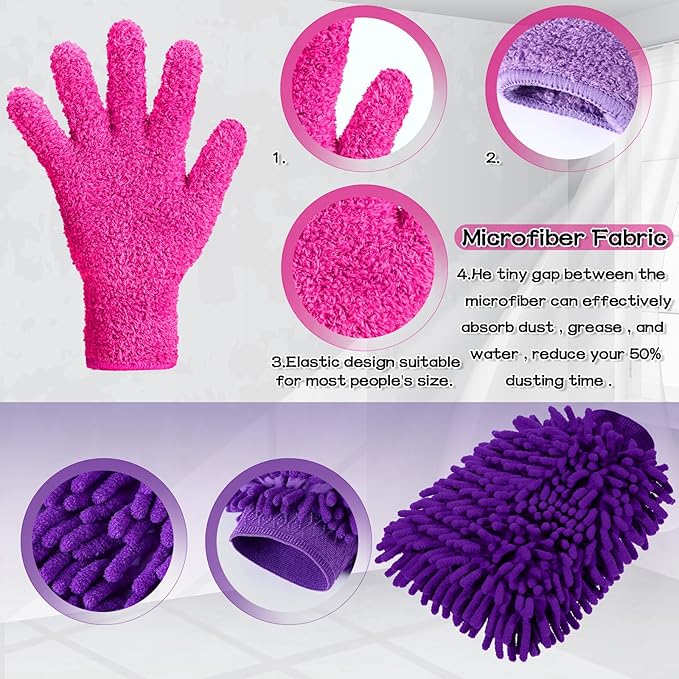 Potchen 6 Pcs Microfiber Dusting Mitt Gloves for Plants Washable Dusting Gloves for House Cleaning Furniture Car Washing
