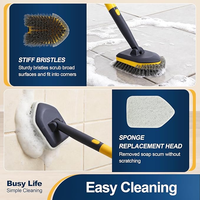 Yocada Tub Tile Scrubber Brush 2 in 1 Cleaning Brush Telescopic Pole Stiff Edge Bristles 4*Scouring Pads for Bathroom Shower Floor Corner Cleaning Non Scratch 58.2"