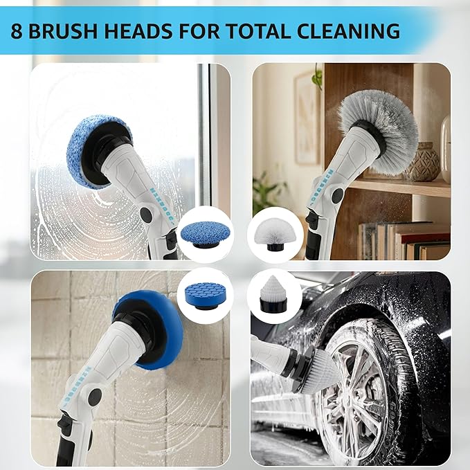 Electric Spin Scrubber, 3-Speed Power Scrubber for Cleaning Bathroom, 6-Angle Adjustable Head Cordless Scrubber with 8 Brush Heads & Long Handle, LCD Display Shower Scrubber for Grout Tile Floor Tub