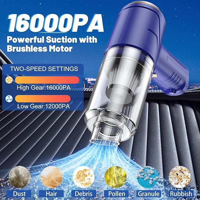Handheld Cordless Car Vacuum Cleaner 16000Pa 4-in-1 Portable Vacuum & Air Duster with LED Light 120W High Power - Multi Nozzles for Pet Hair, Home, Office, Car - Rechargeable and Dual Filters