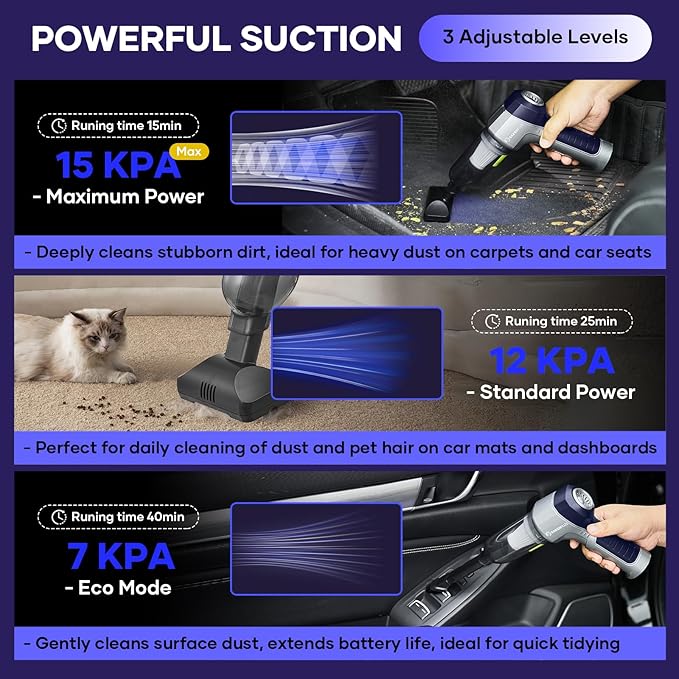 SakerPlus Mini Vacuum Cleaner, 3 in 1 Car Vacuum Cleaner High Power, 15000PA Powerful Suction, Air Duster, 7500mAh, Dual Filter,Adjustable Small Vaccum Portable Cordless for Cars,Desktop - Deep Blue