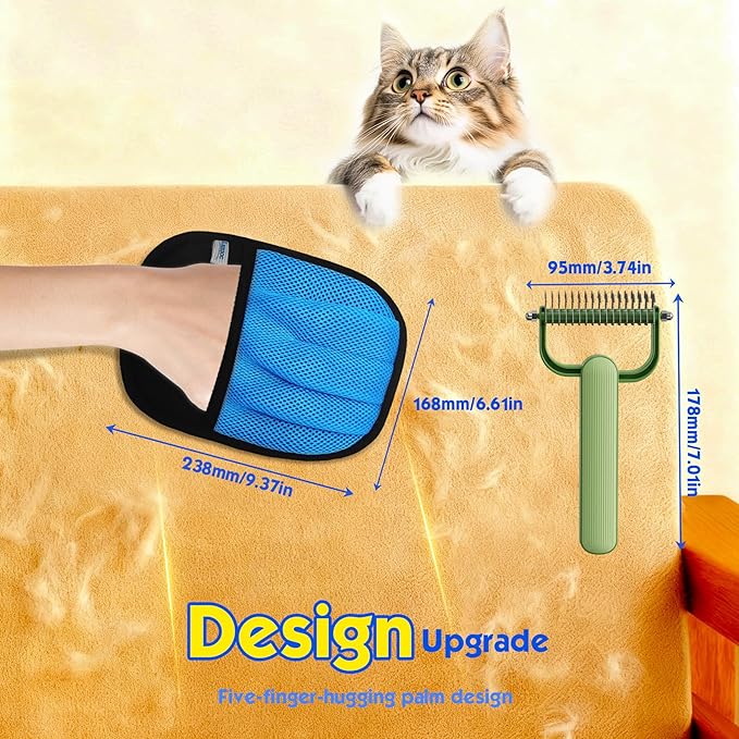 Pet Hair Removal Glove for Cats & Dogs, 2 Pcs Thickened Five-Finger Electrostatic Hair Remover Golve,Magic Brush with Pet Hair Remover Comb on Carpet, Clothing, Laundry, Couch
