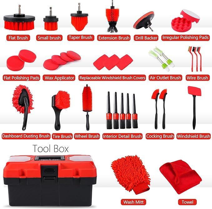 35Pcs Car Detailing Kit & Car Cleaning Kit – Windshield Tool, Long Wheel Brush & 2 Angled Brushes, 4 Polishing Pads & 4 Wax Pads – Red Tool Box – Gift for Men (B：35PCS-R)