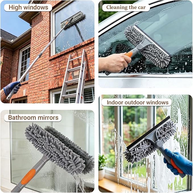 Professional 67" Window Squeegee, 3-in-1 Rotatable Squeegee for Window Cleaning with Extension Poles, Window Cleaner Tool Kit for Indoor & Outdoor High Windows and Car Glass