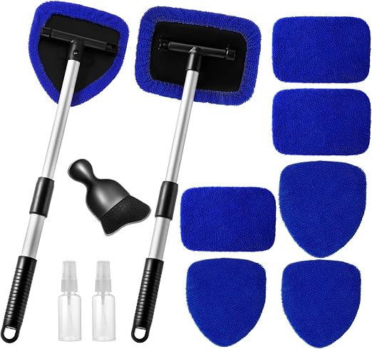Qydipclin 11pcs Windshield Cleaner Tool, Car Window Cleaning Wash Kit with 6 Reusable Microfiber Pads 2 Spray Bottles an