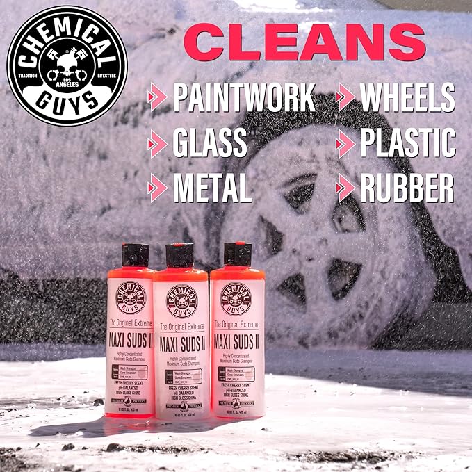 Chemical Guys CWS_101_16 Maxi-Suds II Foaming Car Wash Soap (Works with Foam Cannons, Foam Guns or Bucket Washes) Safe for Cars, Trucks, Motorcycles, RVs & More, 16 fl oz, Cherry Scent (Pack of 2)