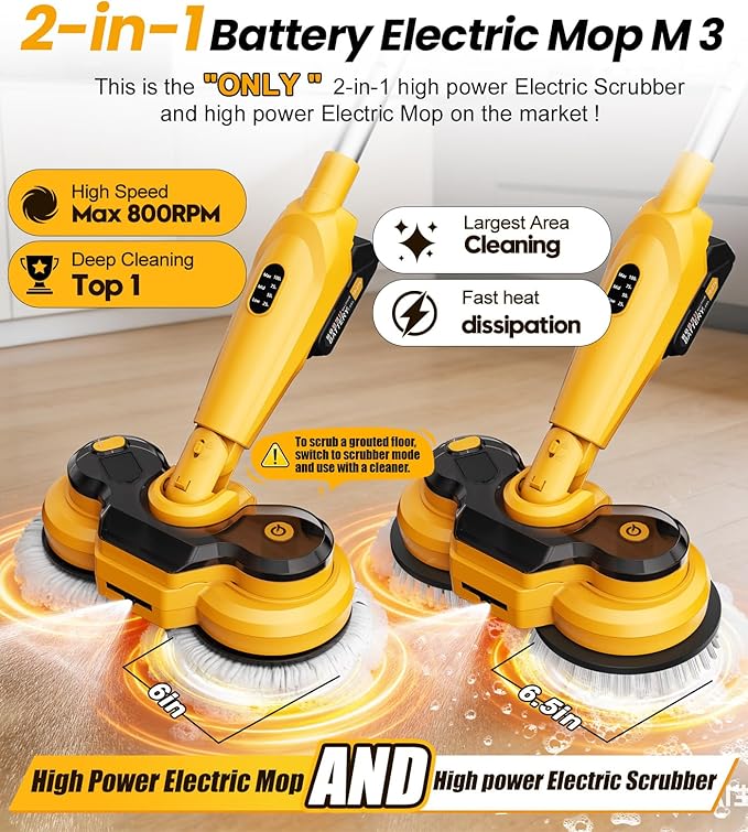 qimedo 6000mAh Battery Cordless Electric Mop M3 Pro, 800RPM Electric Power Scrubber & Mops for Floor Cleaning, Automatic Spin Mops with Smart Display,Rotating Mop with LED Light & Water Spray