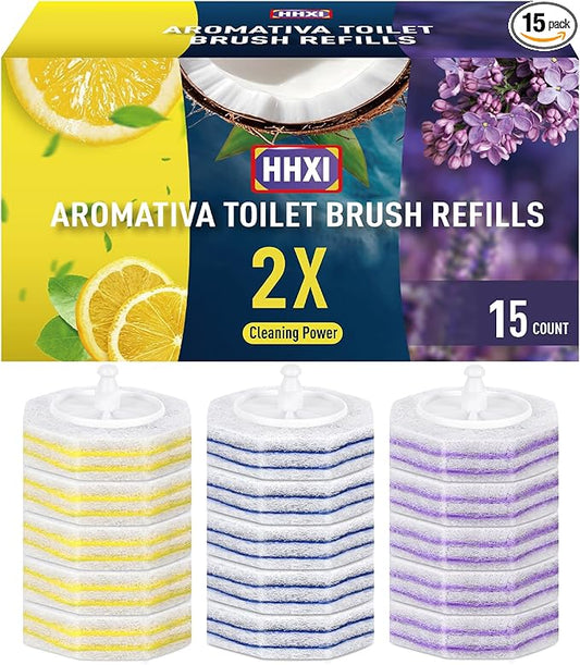 15Ct Aromative Toilet Brush Refills, Toilet Bowl Cleaner Refills, Double-Layer Cleaning Pads Added, Disposable Refill Heads for Toilet Bowl Cleaner Wands，Lemon, Blue Ocean, Lavender （Patented）