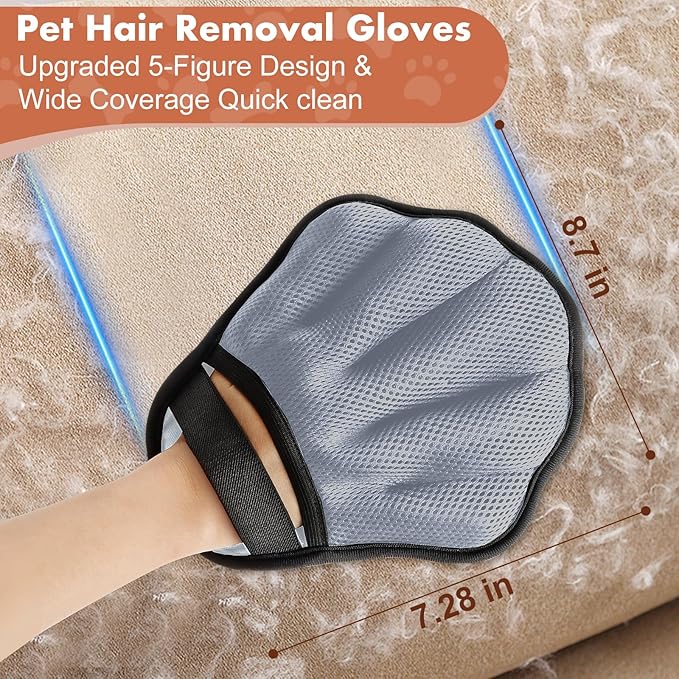 Pet Hair Removal Glove, Electrostatic Pet Hair Remover Glove for Cats & Dogs, Pet Hair Remover Tool for Laundry, Couch, Carpet, Car Seat - Upgraded Five-Finger, Reusable, Grey+Grey